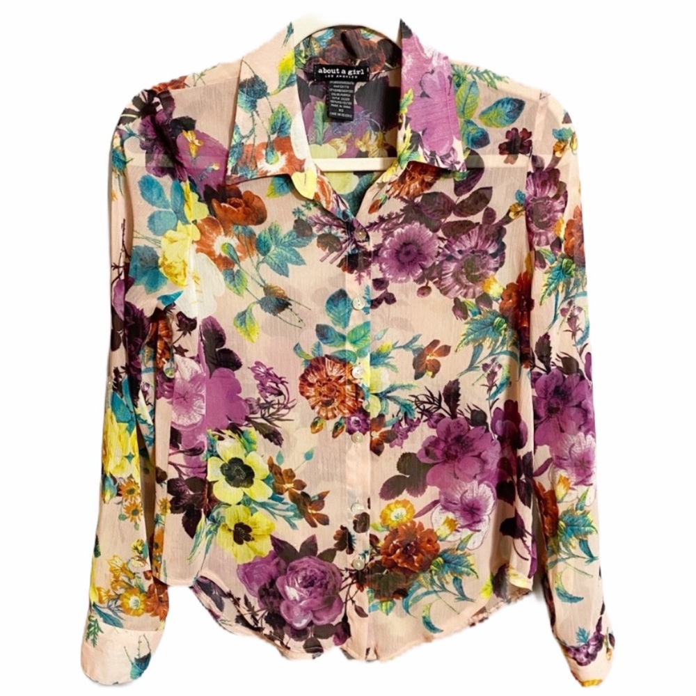 About A Girl Floral Button-Down Shirt in Cream with Purple, Yellow & Teal